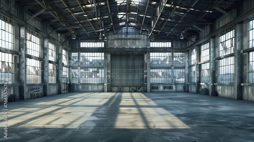 3d rendering of an empty warehouse with a lot of windows. 3d rendering of large hangar building and concrete floor and open shutter door in perspective view for background Generative AI 3d rendering of an empty warehouse with a lot of windows. 3d rendering of large hangar building and concrete floor and open shutter door in perspective view for background Generative AI