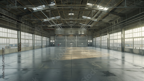3d rendering of an empty warehouse with a lot of windows. 3d rendering of large hangar building and concrete floor and open shutter door in perspective view for background Generative AI
