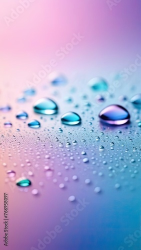 A close up of water droplets on a surface. The droplets are of different sizes and colors, creating a visually interesting and dynamic scene. Concept of movement and fluidity. Abstract background.