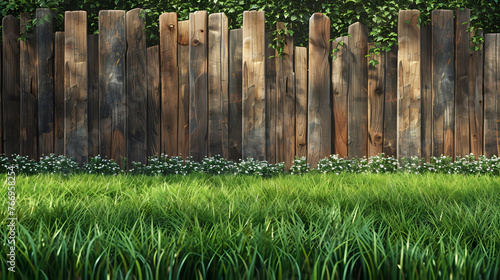 Lush green grass lawn with wooden fence in a serene backyard setting