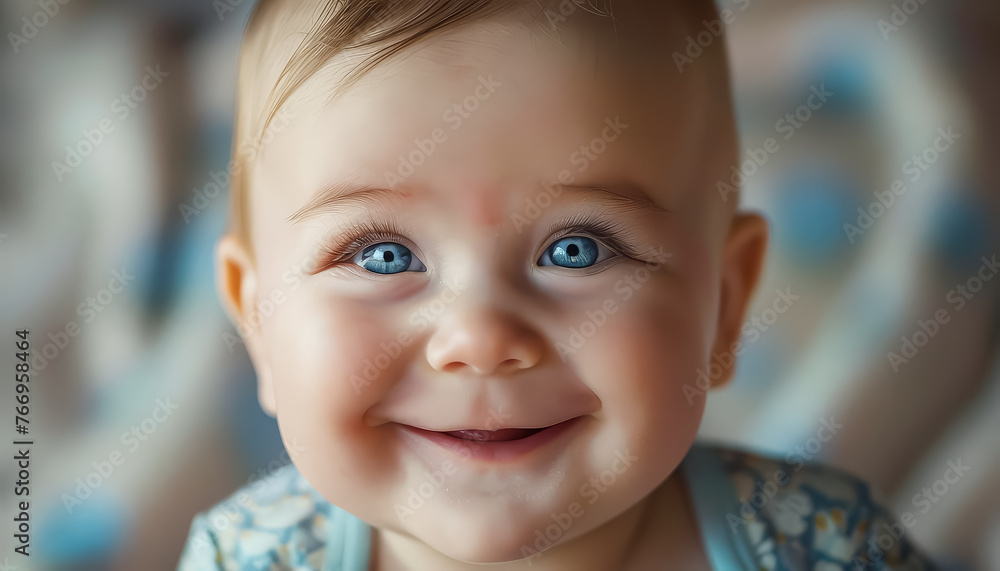 A baby is smiling and has blue eyes