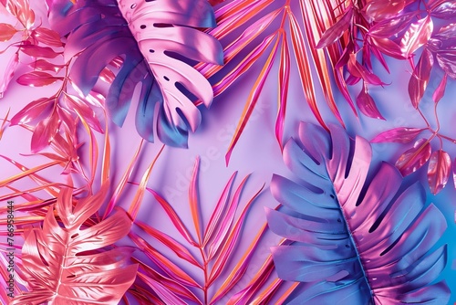 Flat lay of tropical palm leaves in vibrant bold neon holographic colors. Concept of minimal art background, Generative AI 
