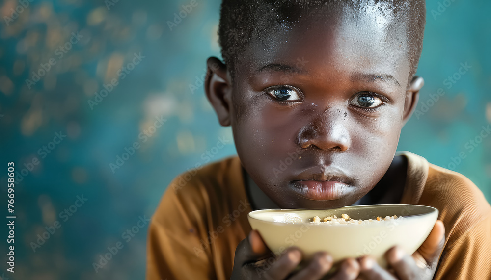 A young boy is holding a bowl of food