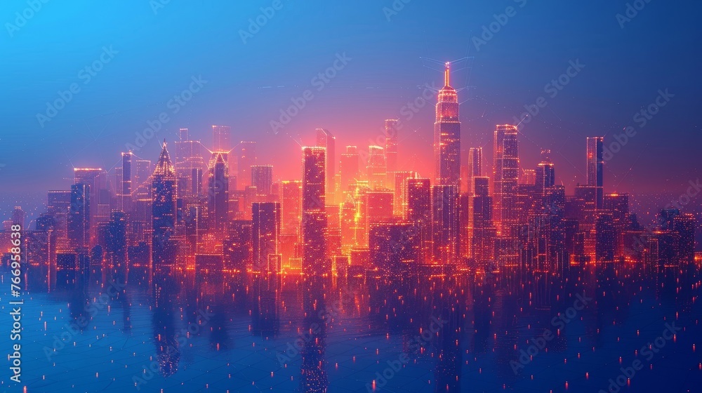Low poly wireframe city. Concept of protection and isolation from external risk factors. Abstract polygon on blue background. Modern illustration.