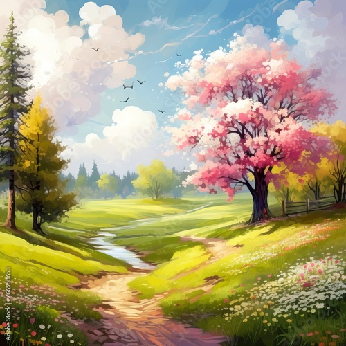 Beautiful spring landscape. Blooming trees on the meadow with flowers and green grass. Natural Landscape 