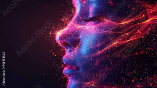 A modern illustration showing the inside of the nose with inflammation of the nasal mucosa in a futuristic style. The color of the illustration is neon glowing.