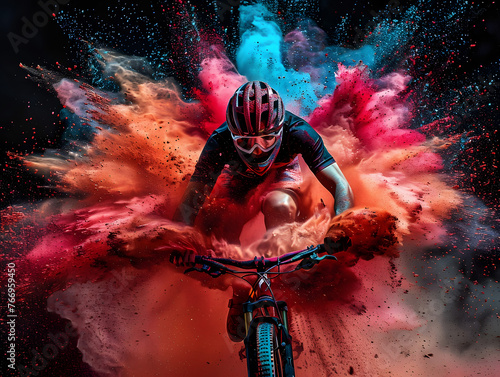 A cyclist soaring through a colored cloud of powder in the world of sports. AI generated. 