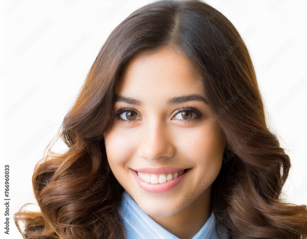 cute brown hair portrait young woman smiling pretty brunette on white background cute brown hair portrait young woman smiling pretty brunette on white background