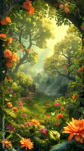 Enchanted Forest Path with Lush Floral Archway