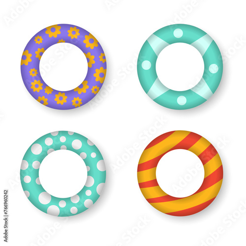 Inflatable ring. Swimming pool circle toys. Donut, rainbow, watermelon, beach life buoy. Summer floating swim rings top view vector set. Round object for rest or relax on sea water