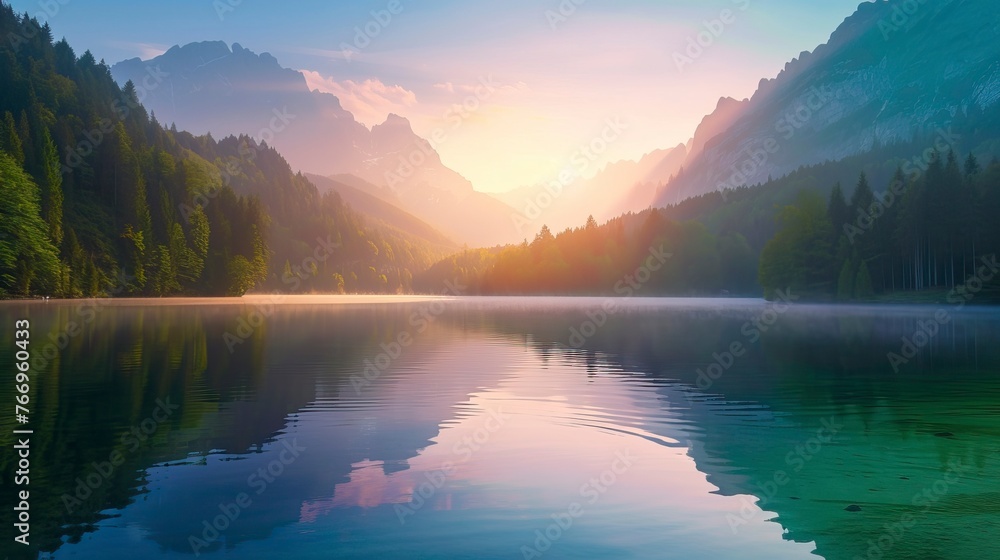 Calm morning view of Fusine lake. Colorful summer sunrise. Natural Landscape