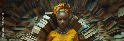 Magical Levitation Photography of a Yoruba Priestess with Books, Symbolizing Storytelling Power, Wide Format