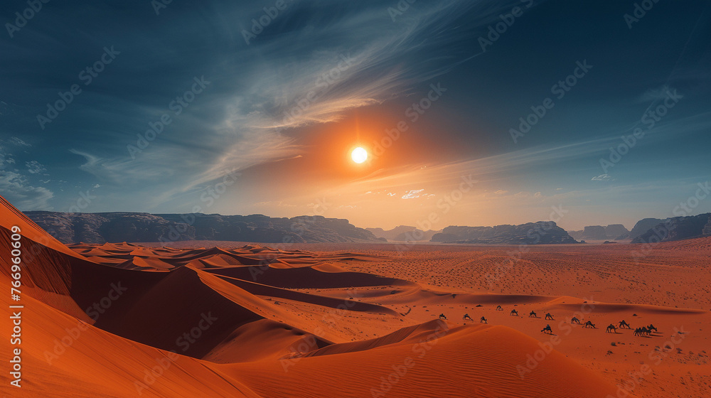 Eerie Desert Twilight: Total Solar Eclipse Time-lapse with Camels Traversing Dunes Under Celestial Dance Eerie Desert Twilight: Total Solar Eclipse Time-lapse with Camels Traversing Dunes Under Celestial Dance