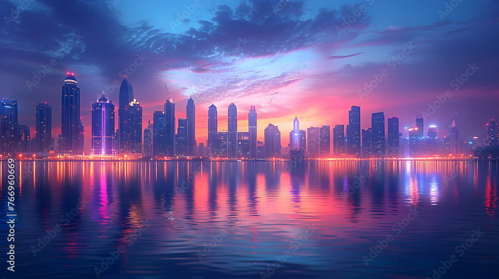 A serene cityscape under a vibrant sunset, with the skyline's lights reflecting beautifully on the calm water surface