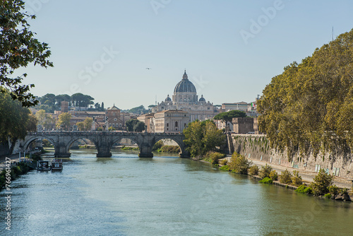 FoRome, Italy. View of the river Tiber and St. Peter's Basilica.
