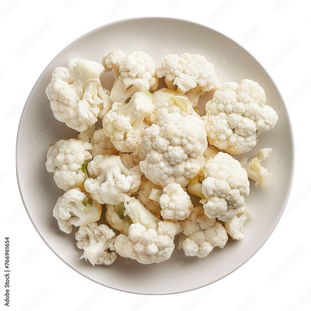 A plate of cauliflower is on a transparent background. The cauliflower is cut into small pieces, top view transparent background. A plate of cauliflower is on a transparent background. The cauliflower is cut into small pieces, top view transparent background.