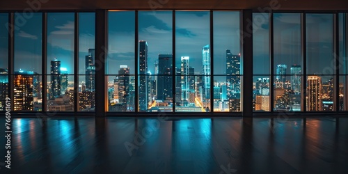 empty room with beautiful city skyline view in dark