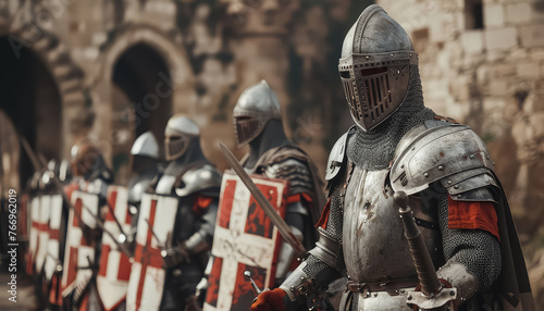 A group of knights are standing in a line, each holding a sword photo
