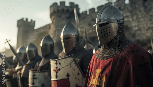 A group of knights are standing in a line, each holding a sword photo