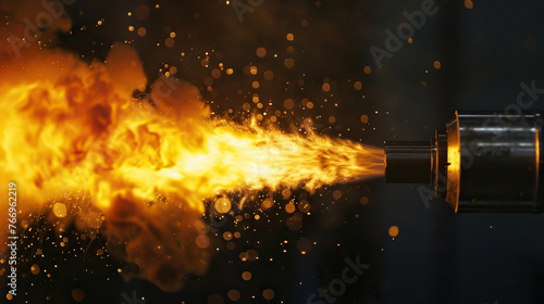 A fire is shooting out of a pipe, creating a bright orange flame. Concept of danger and excitement, as the fire is powerful and unpredictable