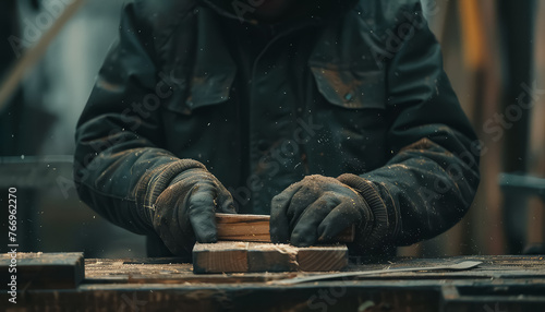 A man is cutting wood with a saw