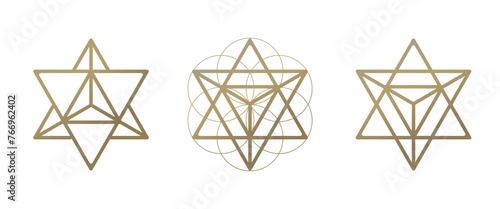 Sacred geometry. Gold Merkaba line geometric triangle sign. esoteric or spiritual symbol. isolated on white background.