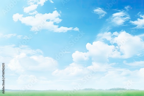 World environment day concept: Abstract blurred beautiful green nature with blue sky and white clouds wallpaper background - generative ai