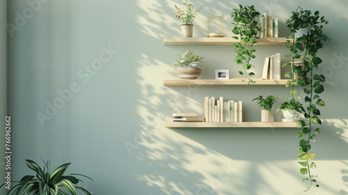 a contemporary style bookshelf adorned with plants that serves as a modern decorative element for virtual office backdrops studio backgrounds or can be printed in a large format to enhance a back photo