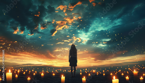 A woman stands in a field of lit candles #766962668