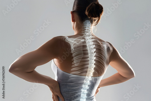 Banner With Woman With Back Pain, Spine Sports Injury, X-ray And Anatomy, Medical Health Problem. Healthcare Emergency, Inflammation And Muscle Tension Skeleton, Clinic Diagnosis photo