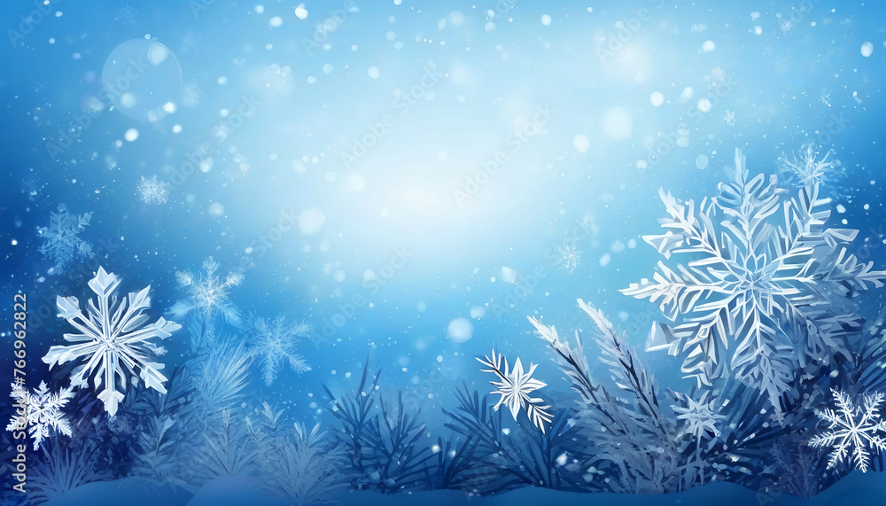 Beautiful abstract winter christmas background with snowflakes and plants in hoarfrost.