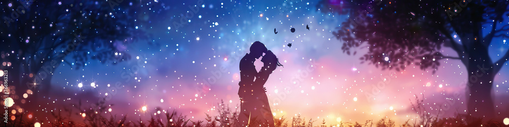 Dusk's Embrace: Two Lovers Sharing a Quiet Kiss Under a Canopy of Stars