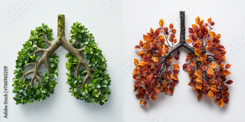 Human lung with leaves, before after