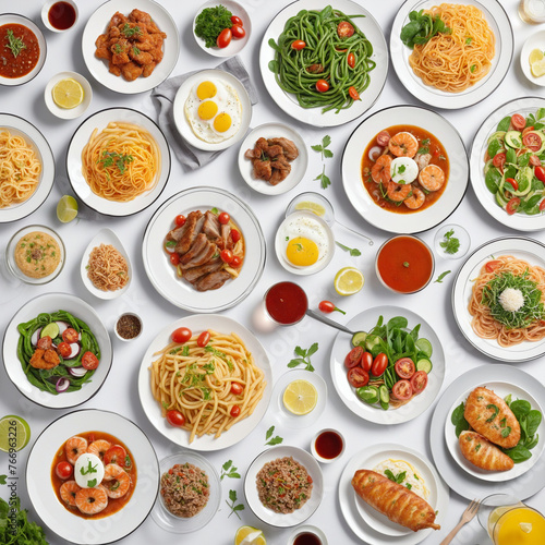 various plates of food isolated on a white background, top view colorful background