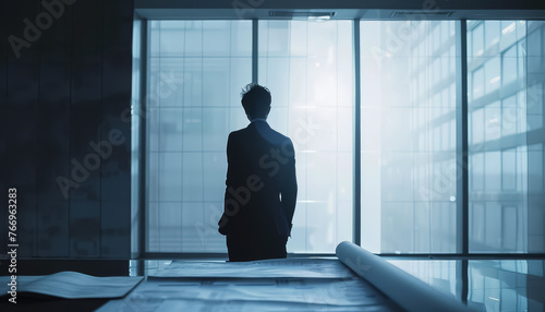 A man in a suit is standing in front of a window looking out at the city