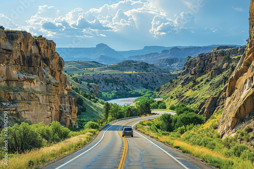 A highway traversing a rugged canyon landscape, with sheer rock walls rising on either side and a meandering river flowing below, offering a thrilling drive through the heart of the canyon country photo