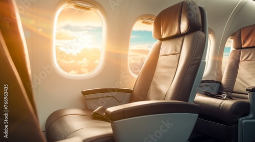 Airplane interior with seats and window view at sunset