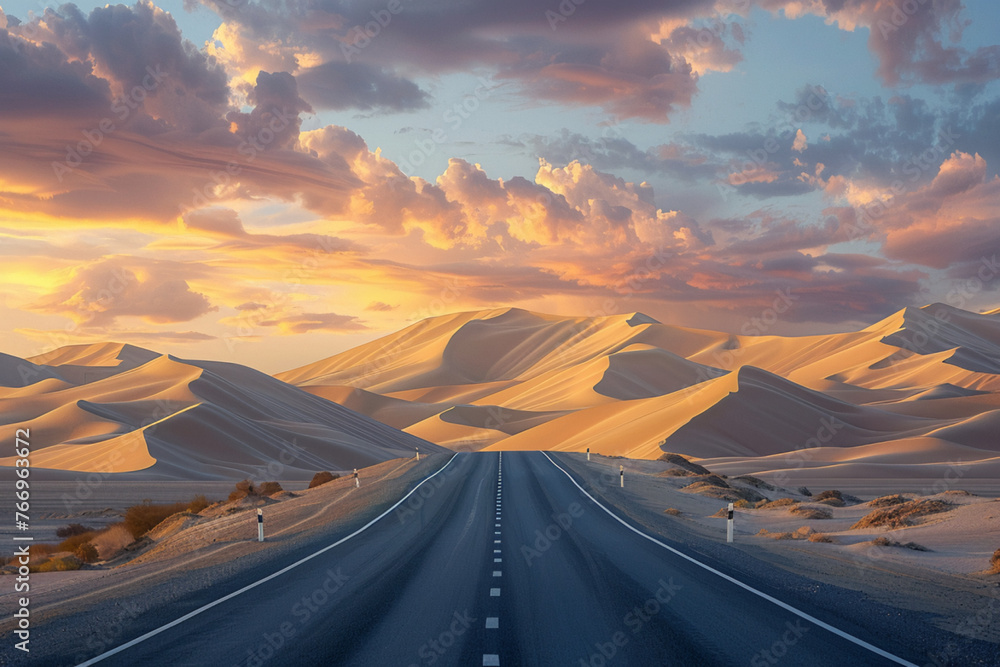 A modern highway stretching across a dramatic desert landscape, with towering sand dunes on either side illuminated by the soft glow of the setting sun, creating a scene of otherworldly beauty