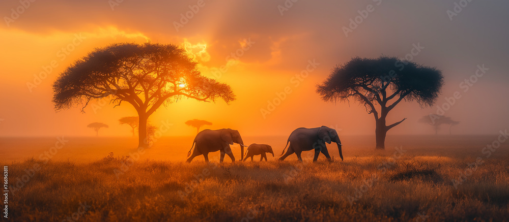 Fototapeta premium herd of elephants at sunset