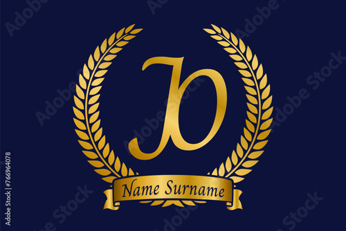 Initial letter J and O, JO monogram logo design with laurel wreath. Luxury golden calligraphy font.