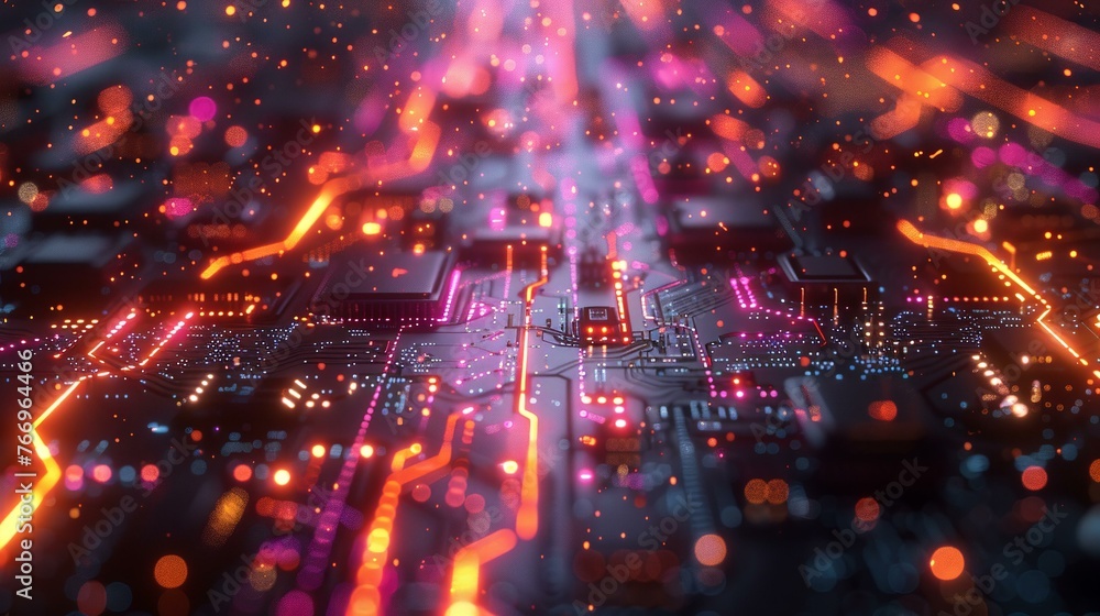 Abstract data threads weaving through a neon-lit motherb