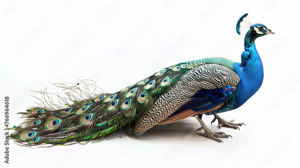 Obraz premium beautiful, brightly colored peacock with an extravagant, lengthy tail displayed against a pristine white background 