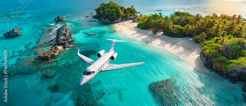 A private jet flying over a tropical island