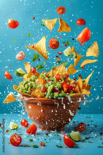 A stylized capture of nachos erupting from a terracotta dish, with guacamole and salsa splatters rising, against an electric blue background