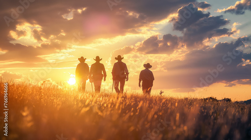 Four cowboys walk at sunset in a field.