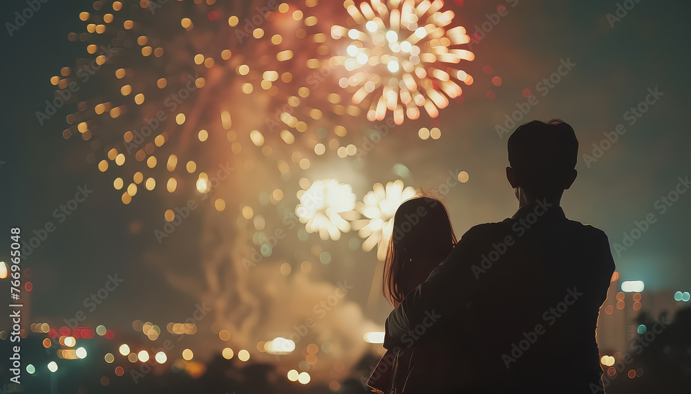 A couple is watching fireworks from a distance