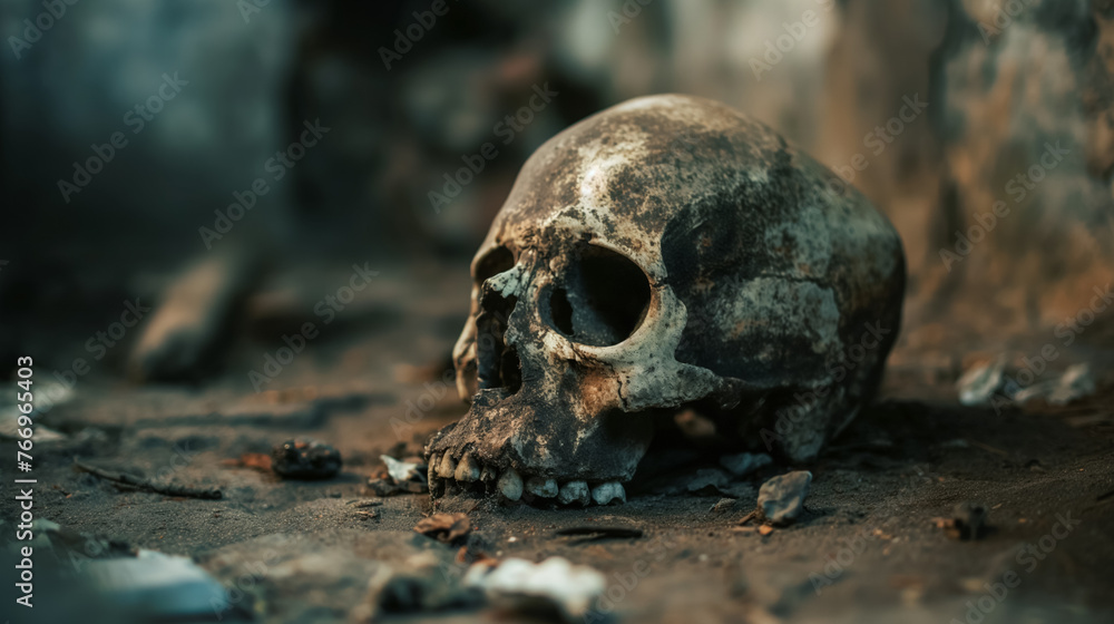 Skull on ground with eerie background.