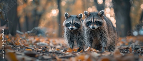 Raccoons scavenging for food in a city park at night photo