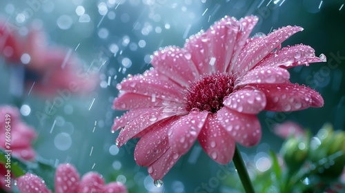Raindrops glistening on petals during a summer shower © Premreuthai