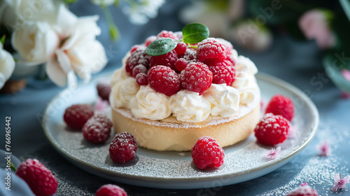 Tart with raspberries and cream on plate.